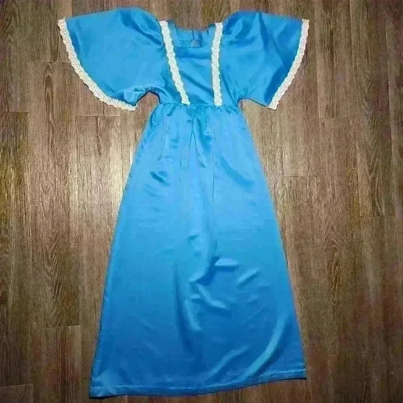 Vintage 70s bright blue babydoll maxi dress with big sleeves & lace ✦ Handmade ✦ - Picture 15 of 16